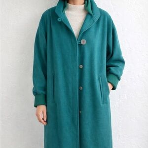 Vintage 90s Emerald Green Wool Overcoat Padded Shoulders Oversized Long Jacket